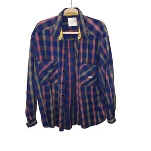 Vintage Code Bleu Mens Shirt L Button Front Blue Plaid Cotton Distressed 80's HK